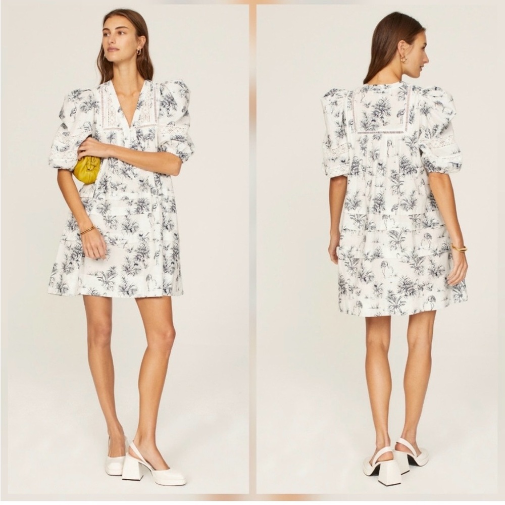 HUNTER BELL White Mini Dress with Black Floral Print